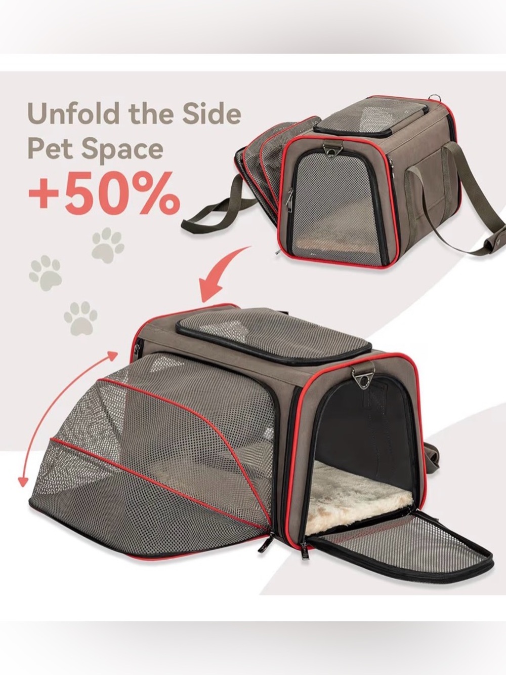 NWT. Collapsible Pet Carrier Bag in Taupe with Red Trim, Expandable